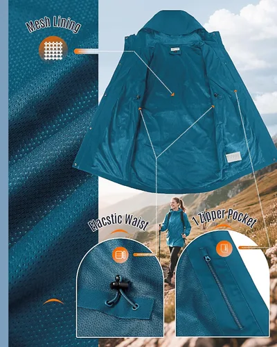 Vista 5 de 33,000ft Abrigos largos impermeables para mujer con malla transpirable con capucha, chaqueta de lluvia con capucha, gabardina, rompevientos Azul