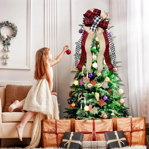 Vista 3 de Decoración para árbol de Navidad, diseño de búfalo grande, arpillera roja y negra, lazo de regalo para árbol de Navidad, decoración de fiesta