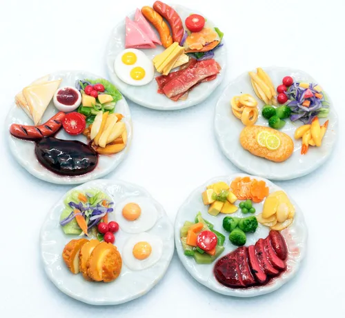 Vista 5 de Juego de comida en miniatura para casa de muñecas hecha a mano, 5 platos realistas, mini accesorios de comida de arcilla seca al aire, decoración