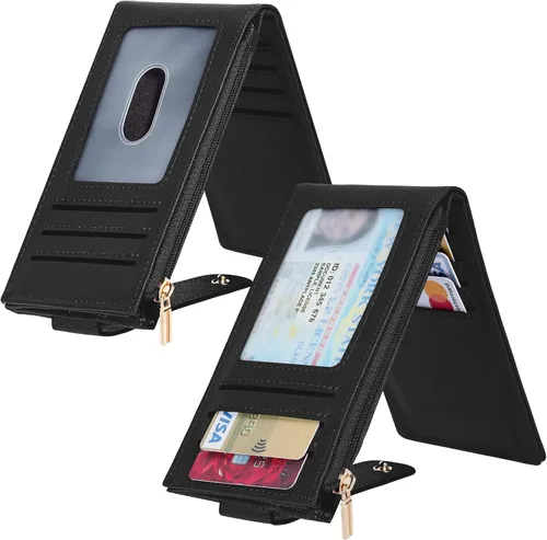 Vista 2 de Chelmon Billetera delgada para mujer, con bloqueo RFID, plegable, con bolsillo con cremallera, Negro -, Minimalista
