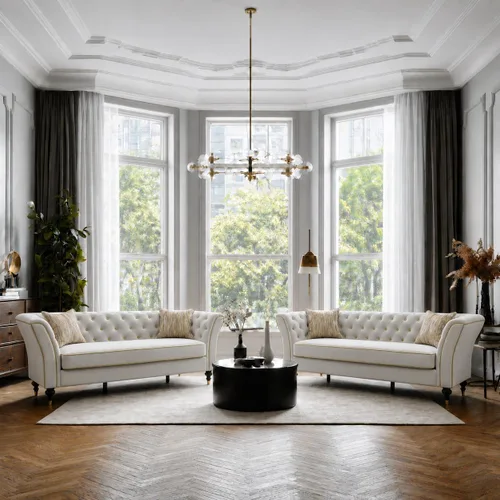 Vista 3 de Beige Velvet Chesterfield Sofa Set, 89.5" 3 Seater Couch for Living Room 2pcs Beige