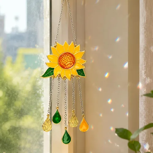 Vista 8 de Adornos de campanillas de viento de girasol, mini hermoso panel colgante de vitral con cadena para el panel del hogar, patio, porche, jardín