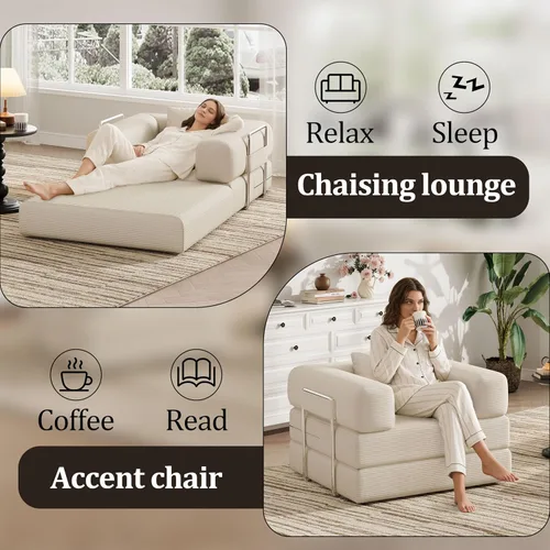 Vista 4 de Sofá individual para espacios pequeños, sofá convertible 2 en 1, cómodo puf para adultos con funda extraíble con almohadas para dormitorio, Beige