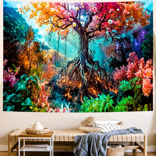 Vista 5 de Delur Tapiz de bosque con diseño de árbol de la vida, bosque tropical, para colgar en la pared, colorido paisaje místico, cabecero psicodélico