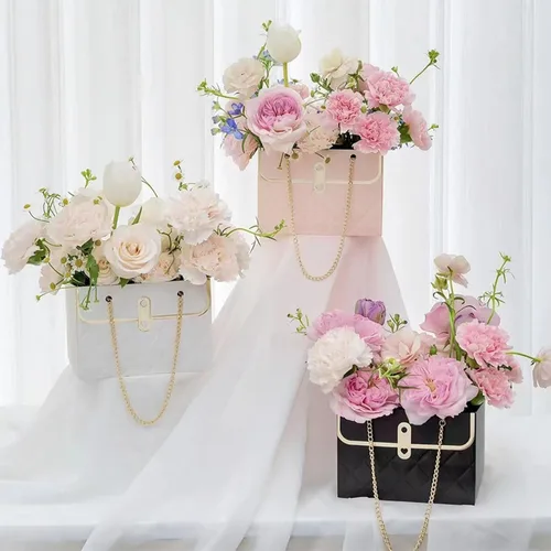 Vista 5 de Caja de regalo de papel de flores con cadena de metal, 6 unidades, cubo de almacenamiento de ramos, bolsa de floristería con asa, estuche de regalo
