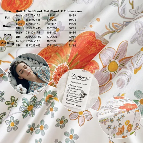Vista 5 de Zusbest Juego de sábanas florales de 100 % algodón percal, color naranja y amarillo, juego de sábanas suaves y transpirables con diseño botánico
