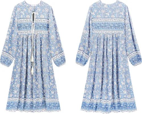 Vista 6 de R.Vivimos - Vestidos por debajo de la rodilla de estilo bohemio para mujer, vestido de manga larga, con estampado floral retro y cuello en V