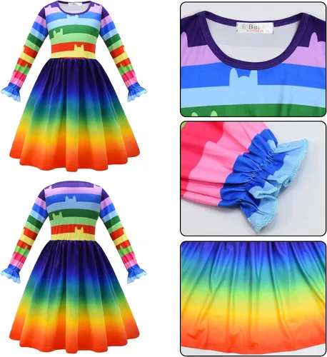 Vista 4 de SHELOVESIT Vestido de arcoíris para cumpleaños de niñas, vestido de juego de casa de muñecas, disfraz de gato arcoíris con diadema