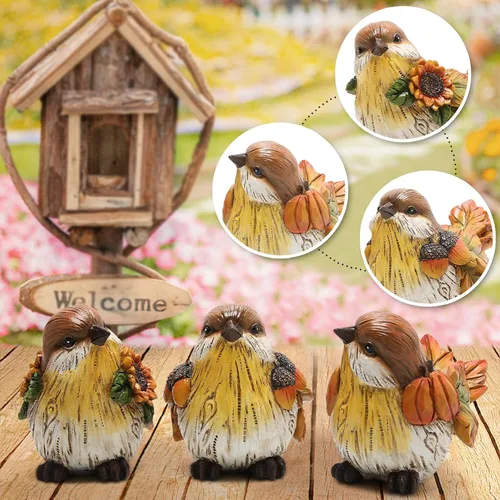 Vista 4 de Hodao Decoración de pájaros de calabaza de Acción de Gracias de 3.5 pulgadas de altura, pájaros hechos a mano para decoración de otoño, regalo