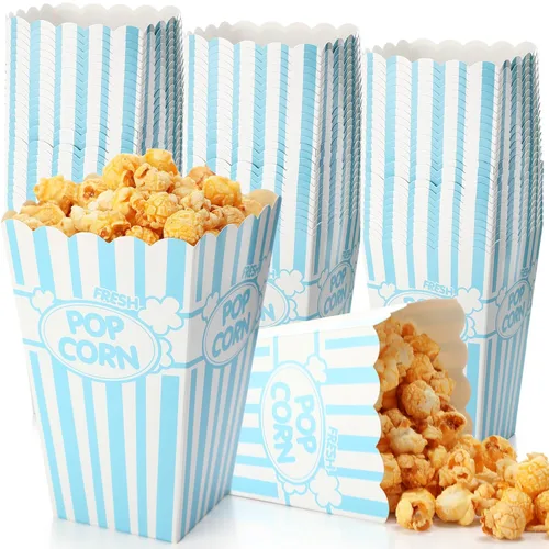 Vista 11 de Xinnun 100 piezas Cajas de palomitas de maíz 32oz Cubos de papel clásicos con rayas desechables a prueba de aceite Caja abierta retro