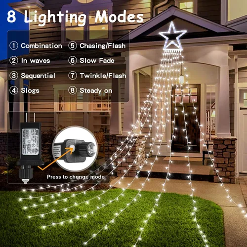 Vista 6 de BlcTec Luces de Navidad para exteriores, 317 luces LED de estrella de Navidad con 9 hebras de luces de árbol de cascada de 11.9 pies, 8 modos