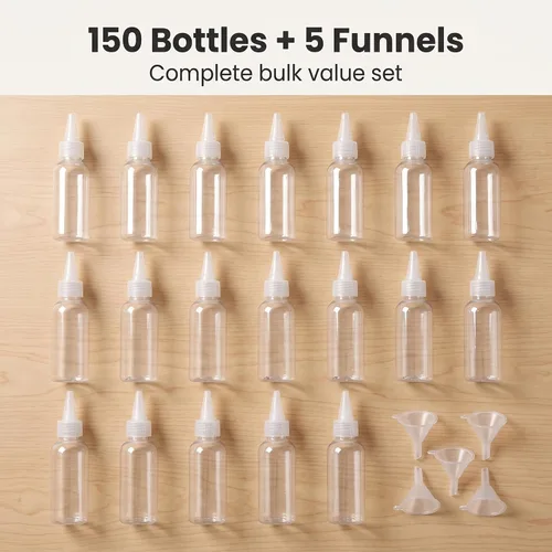 Vista 3 de MOUYAT 150 botellas de plástico de 1 oz y 1 fl oz con tapa superior