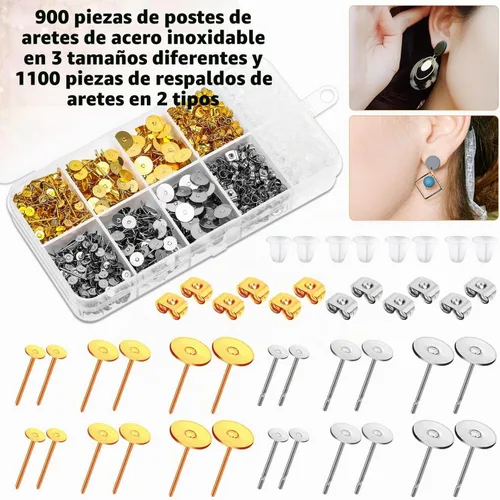 Vista 4 de Caffox - Juego de 2000 aretes hipoalergénicos con base de anillo y parte trasera para aretes de cuero, arcilla, perlas (oro y plata)