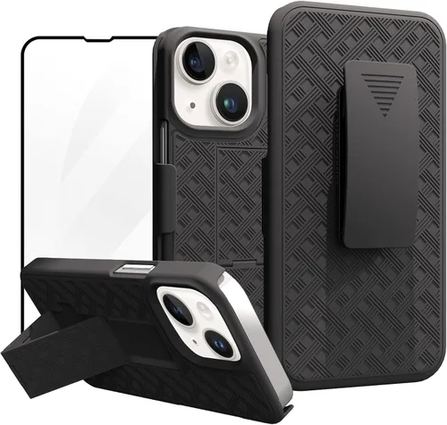 Vista 9 de Ailiber - Funda con clip para cinturón para iPhone 13/14, protector de pantalla, color negro Swivel Stand Holder, Slim Shell Slide Pouch Full Body