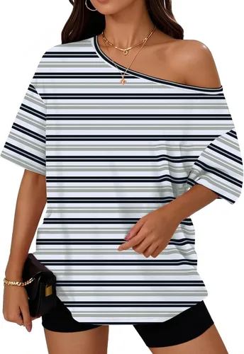 Vista 38 de Trendy Queen Camisetas de verano de gran tamaño con hombros descubiertos Negro