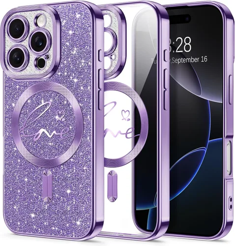 Vista 160 de Hython Funda para iPhone Air con purpurina, compatible con MagSafe Love Heart fundas magnéticas transparentes para teléfono para mujeres y niñas
