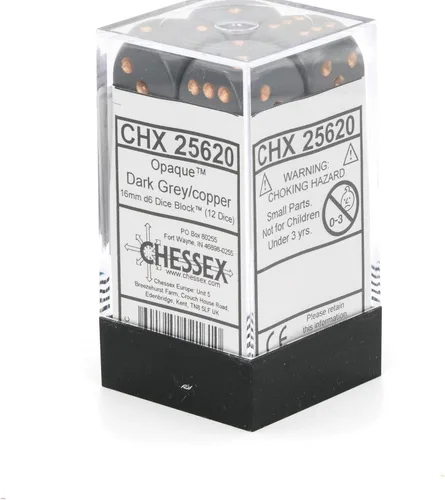 Vista 4 de Chessex Manufacturing - Juego de dados poliédricos de plástico opaco gris oscuro y cobre, 0.630 in, incluye 12 dados - D6 (CHX25620)