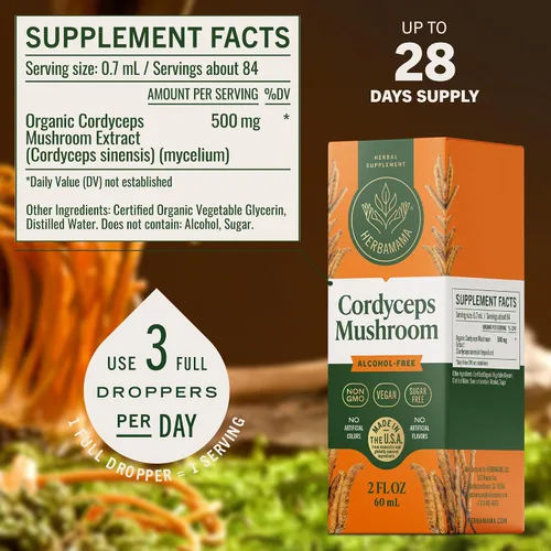 Vista 3 de HERBAMAMA Cordyceps Sinensis Tintura - Apoyo inmunológico vegano y defensa con gotas de extracto de hongos Cordyceps - Suplemento de inmunidad