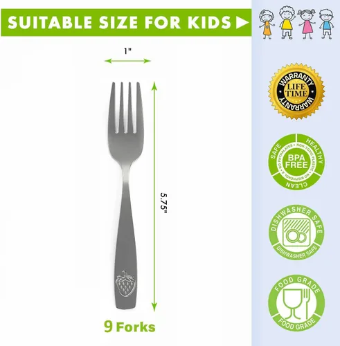 Vista 2 de Tenedores de acero inoxidable para niños de 9 piezas, cubiertos seguros para niños y niños, juego de utensilios para niños, juego de cubiertos