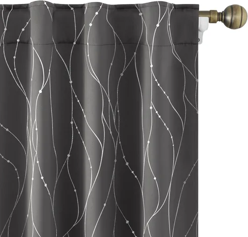 Vista 15 de HOMEIDEAS Cortinas opacas de color gris claro de 52 x 96 pulgadas de largo, 2 paneles de línea ondulada plateada con puntos impresos, pestaña
