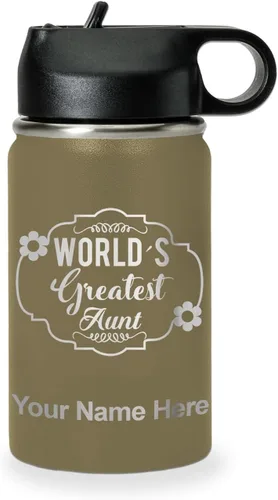 Vista 22 de LaserGram Botella de agua con tapa abatible de doble pared de 12 onzas con pajilla, la tía más grande del mundo, grabado personalizado incluido Negro