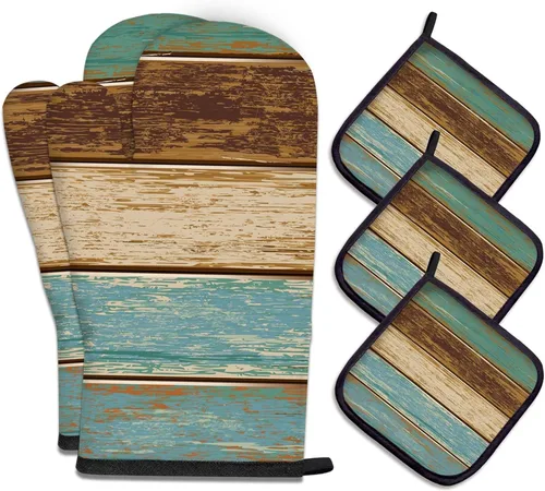 Vista 24 de MCALK Juego de 5 manoplas de horno y soportes para ollas, guantes abstractos para horno y almohadillas calientes para cocina de cocina, manoplas