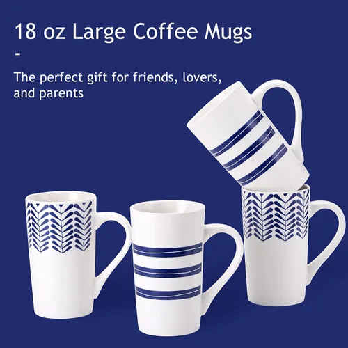Vista 6 de YouPeng Juego de tazas de café grandes, tazas de cerámica con asa grande, taza de café alta para hombres o mujeres con patrón pintado a mano azul