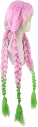 Vista 4 de BYOOTI Kanroji Mitsuri Cosplay Wig Kimetsu No Yaiba Costume Long Pink Mixed Green Braid Heat-resistant Fiber Hair Wigs + W