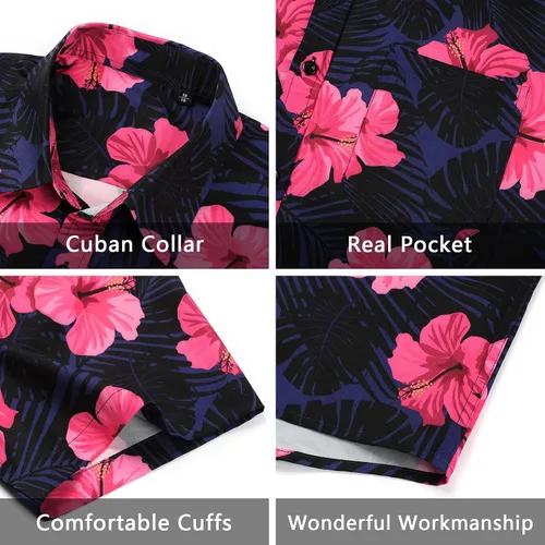 Vista 4 de Camisas hawaianas de manga corta para hombre, camisas tropicales casuales de verano, con botones, floral, para vacaciones, playa, Aloha Hawaii