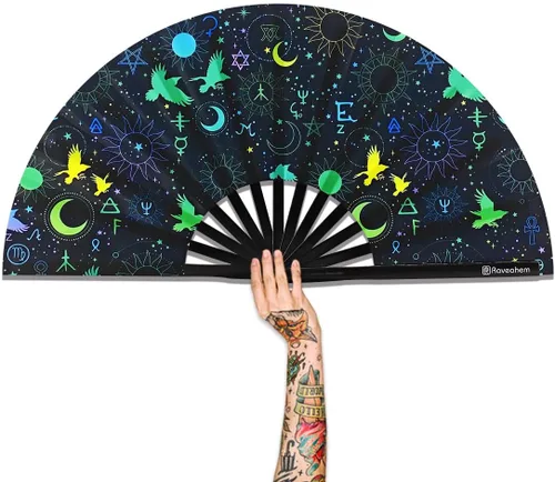 Vista 9 de Abanico Plegable Grande, Abanico Rave Clack de 13 Pulgadas, Abanico de Mano para Mujeres y Hombres con Tela de Satén Premium, Marco de Bambú Grueso