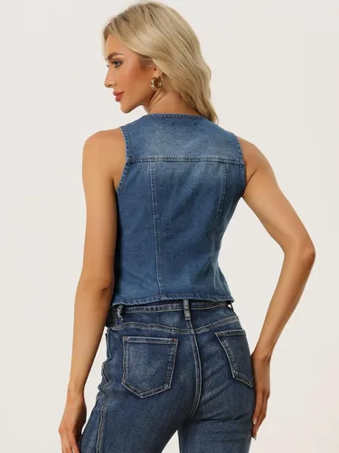 Vista 3 de Allegra K Chaleco de mezclilla para mujer, sin mangas, con cuello en V, lavado y desgastado