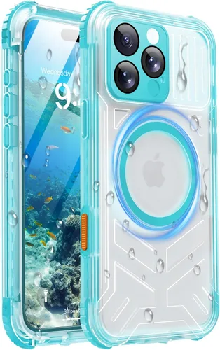 Vista 45 de Funda impermeable para iPhone 15 con Magsafe, protector de pantalla, cordón, IP68 militar de cuerpo completo a prueba de golpes, para deportes