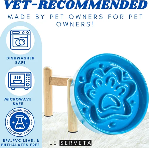 Vista 3 de Cuencos de cerámica para perros de alimentación lenta, elevados, 3 tazas, comedero lento elevado con soporte de madera para razas medianas y Azul