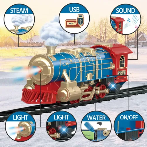 Vista 2 de JQ JUQU Juego de tren de control remoto para niños de 3 a 8 años, tren de juguete eléctrico con vapor, luces y sonidos, incluye 17 pistas y batería