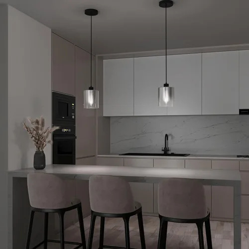 Vista 2 de artika Lámpara colgante Haze con degradado cromado ahumado y cristal transparente, ideal para cocina, comedor, baño, lámpara colgante individual