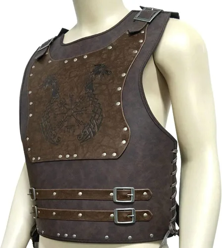 Vista 2 de Chaleco de cuero vikingo armadura de guerrero hombro piel sintética medieval vikingo placa de pecho LARP fiesta de Halloween