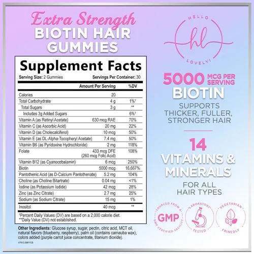 Vista 2 de Hello Lovely - Gomitas de vitaminas para el cabello con biotina, 5000 mcg de vitaminas E y C que apoyan el crecimiento del cabello, vegetariano