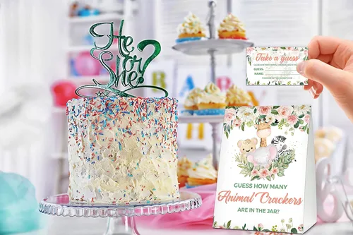 Vista 3 de How Many Animal Crackers Are In The Jar, juego de baby shower floral bohemio rosa rubor, decoración de baby shower de animales de la selva safari