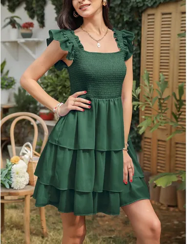 Vista 3 de Byinns Vestido corto sin mangas con cuello cuadrado para mujer, cintura alta, espalda descubierta, escalonado, con tirantes fruncidos, estilo casual