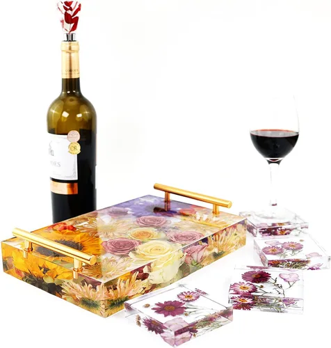 Vista 6 de Moldes de bandeja de silicona grandes para resina, 13.5 x 9.5 pulgadas de profundidad rectangular epoxi moldes con 4 asas doradas y plateadas, molde