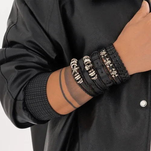 Vista 6 de TURTLEDOVE Pulsera ancha de cuero trenzado - Pulsera punk con calavera para motociclista, rockero