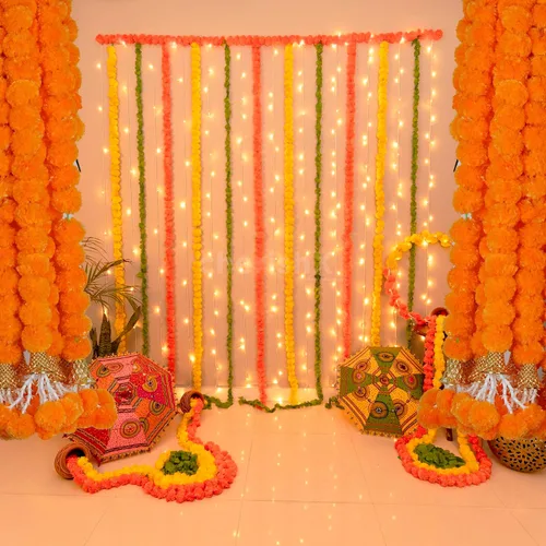 Vista 2 de 5 guirnaldas de caléndula de 5 pies de largo para decoración de hebras largas, flores artificiales de caléndula Decoración india para Pooja Boda