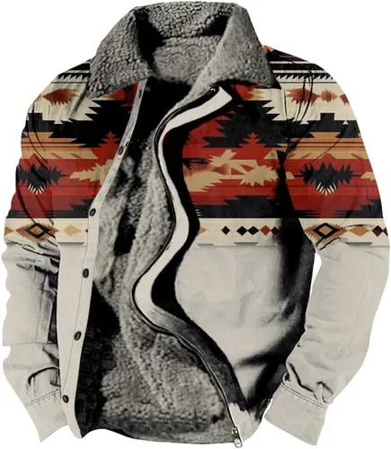 Vista 15 de LOAIHA Chaqueta de invierno para hombre, chaqueta azteca occidental para hombre, con cremallera, forro polar cálido, chaqueta vaquera, étnica vintage