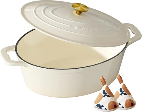 Vista 19 de Horno holandés de hierro fundido esmaltado, olla de 7.5 cuartos de galón con tapa y agarraderas de algodón, utensilios de cocina resistentes