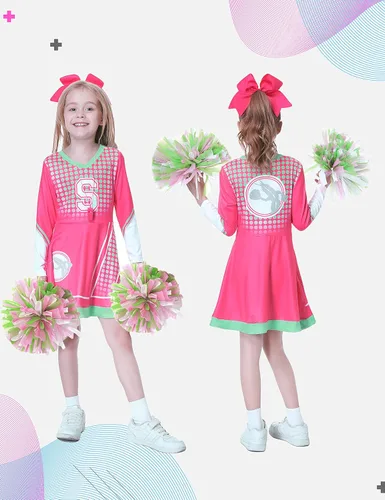 Vista 7 de 5 piezas de disfraz de animadora para niñas, uniforme de animadora con pompones, cuerda de pelo, silbato para niñas de 3 a 10 años