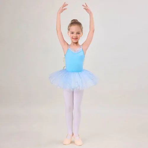 Vista 2 de IBAKOM Leotardos de ballet para niña, trajes de bailarina, vestido de baile de ballet con volantes de mariposa, falda de baile de lentejuelas