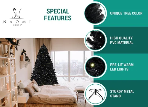 Vista 5 de Naomi Home Dakota - Árbol de Navidad negro preiluminado de 6.5 pies