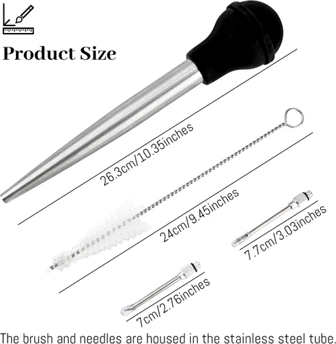 Vista 2 de Baster de Pavo para Cocinar, Inyector de Carne Grande de Acero Inoxidable, con Cepillo de Limpieza y 2 Agujas de Adobar, Negro