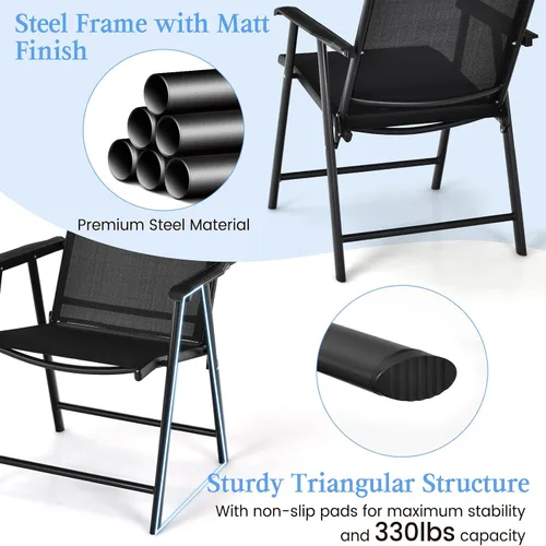Vista 5 de Tangkula Juego de 2 sillas plegables para patio, sillas de comedor de tela para exteriores con respaldo alto y reposabrazos, marco de metal Negro