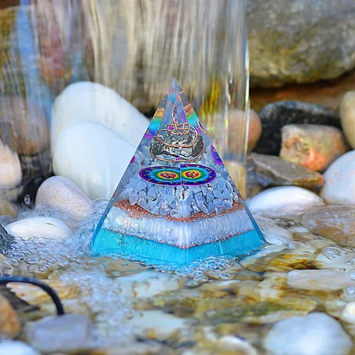 Vista 3 de Juego de pirámide de orgón y piedra de palmera de horóscopo, cristal curativo de acuario, signo del zodiaco, hecho de pirita y angelita para calma